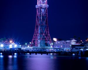 Preview wallpaper tower, lighthouse, night city, pier, fukuoka, japan