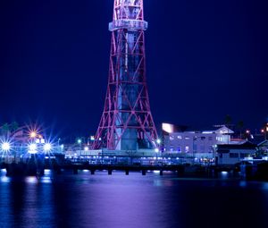 Preview wallpaper tower, lighthouse, night city, pier, fukuoka, japan