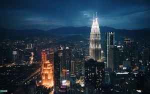 Preview wallpaper tower, lighting, buildings, city, night