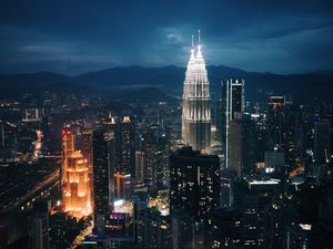 Preview wallpaper tower, lighting, buildings, city, night