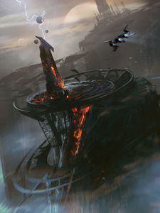 Preview wallpaper tower, lightning, spaceship, fantasy, art