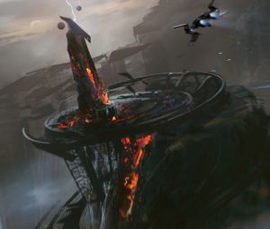 Preview wallpaper tower, lightning, spaceship, fantasy, art