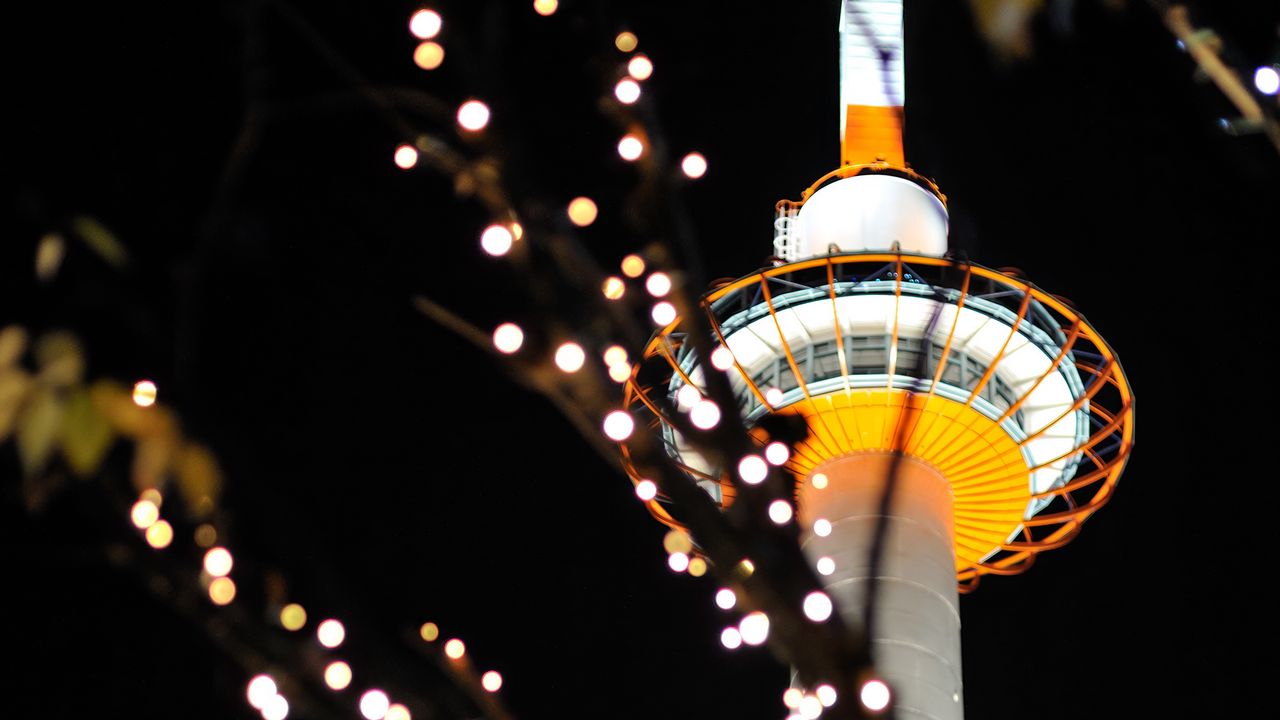 Wallpaper tower, lights, bokeh, branches, dark