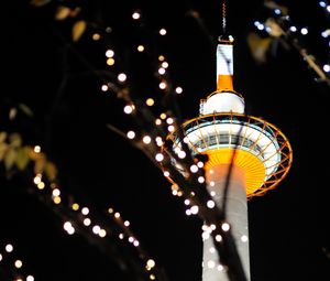 Preview wallpaper tower, lights, bokeh, branches, dark