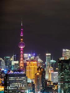 Preview wallpaper tower, lights, buildings, city, night