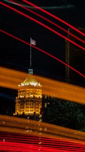 Preview wallpaper tower, lights, flag, long exposure