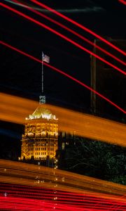 Preview wallpaper tower, lights, flag, long exposure