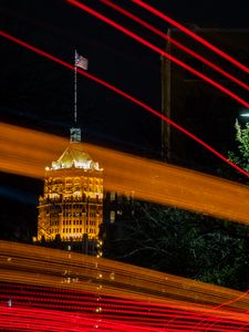 Preview wallpaper tower, lights, flag, long exposure