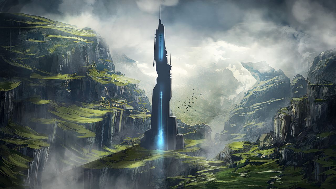 Wallpaper tower, mountains, clouds, art, fantasy