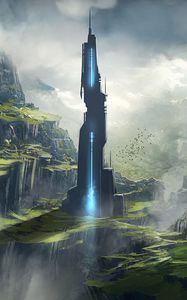 Preview wallpaper tower, mountains, clouds, art, fantasy