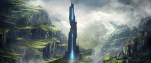 Preview wallpaper tower, mountains, clouds, art, fantasy