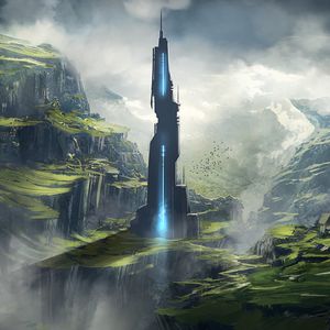 Preview wallpaper tower, mountains, clouds, art, fantasy