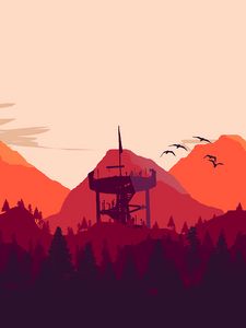 Preview wallpaper tower, mountains, forest, art