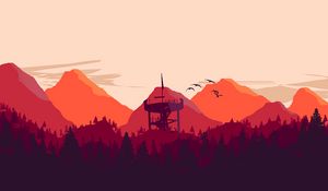 Preview wallpaper tower, mountains, forest, art