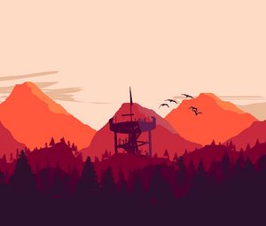 Preview wallpaper tower, mountains, forest, art