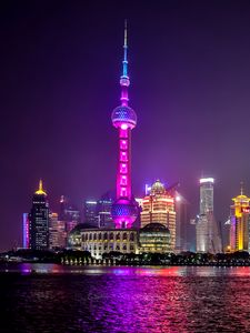 Preview wallpaper tower, neon, water, city, night
