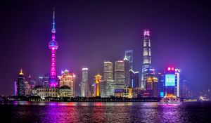 Preview wallpaper tower, neon, water, city, night