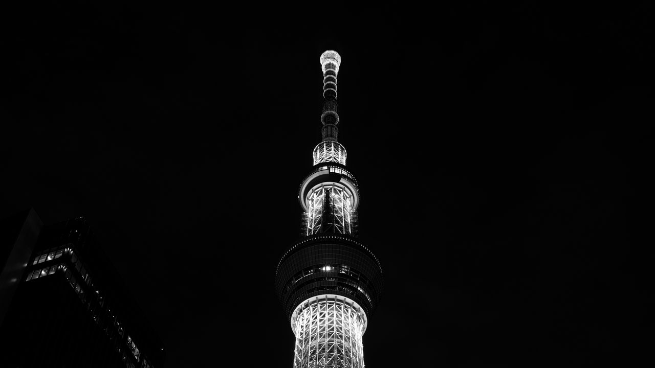 Wallpaper tower, night city, bw, architecture, building