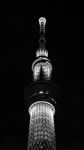 Preview wallpaper tower, night city, bw, architecture, building