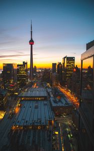 Preview wallpaper tower, night city, lights, road