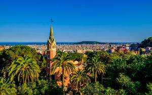 Preview wallpaper tower, palm trees, buildings, architecture, city