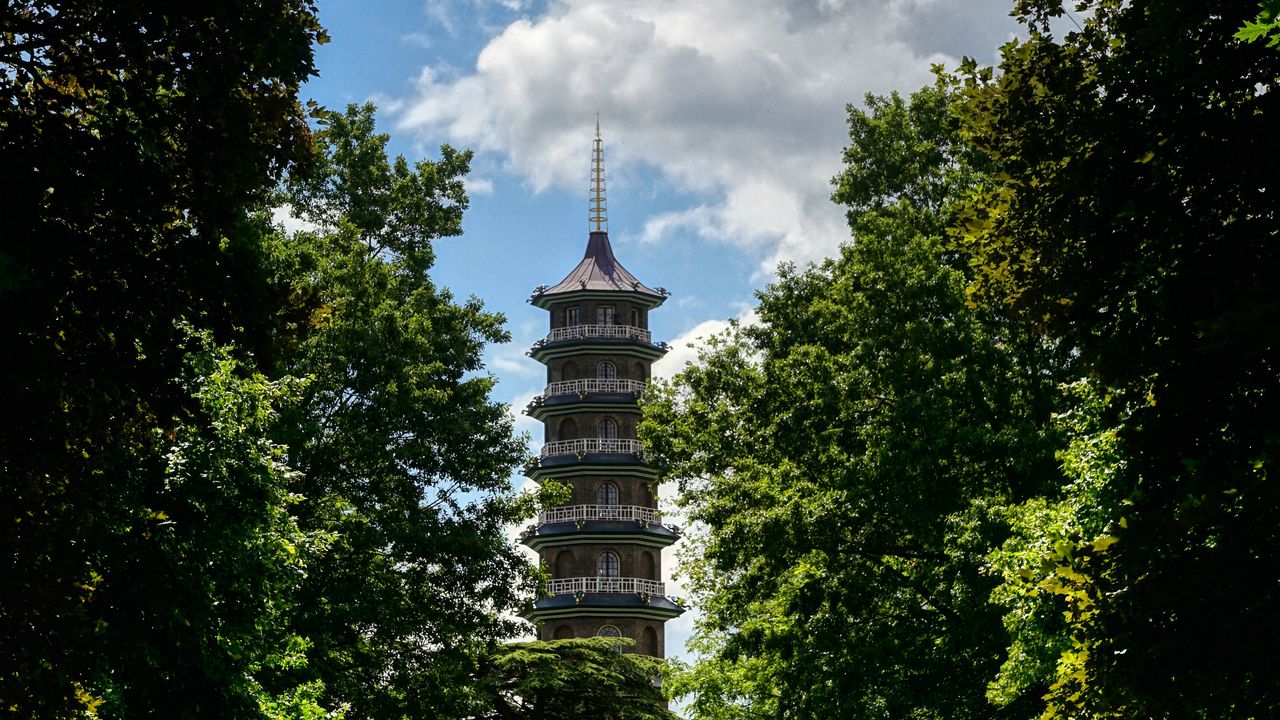 Wallpaper tower, path, park, trees, shadow