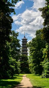 Preview wallpaper tower, path, park, trees, shadow