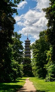 Preview wallpaper tower, path, park, trees, shadow