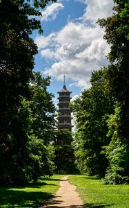 Preview wallpaper tower, path, park, trees, shadow