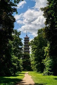 Preview wallpaper tower, path, park, trees, shadow