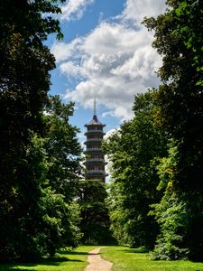 Preview wallpaper tower, path, park, trees, shadow