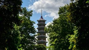 Preview wallpaper tower, path, park, trees, shadow