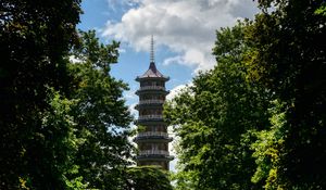Preview wallpaper tower, path, park, trees, shadow