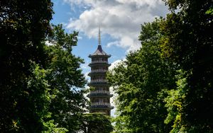 Preview wallpaper tower, path, park, trees, shadow