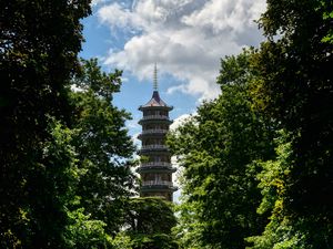 Preview wallpaper tower, path, park, trees, shadow