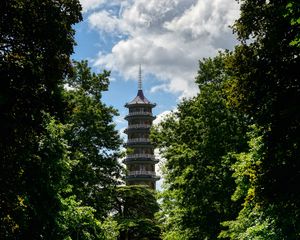 Preview wallpaper tower, path, park, trees, shadow