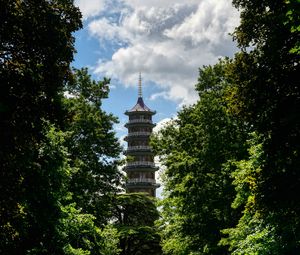 Preview wallpaper tower, path, park, trees, shadow