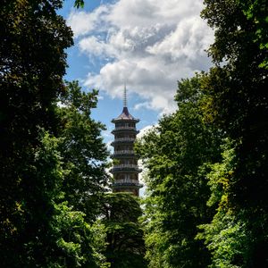 Preview wallpaper tower, path, park, trees, shadow