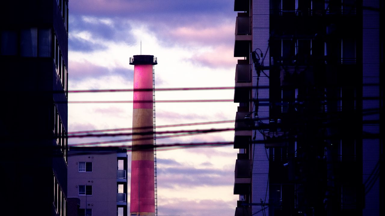 Wallpaper tower, pipe, buildings, wires, dark