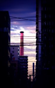 Preview wallpaper tower, pipe, buildings, wires, dark