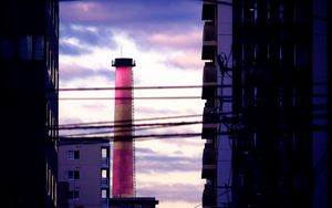 Preview wallpaper tower, pipe, buildings, wires, dark