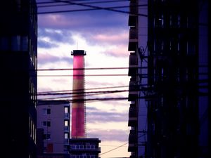 Preview wallpaper tower, pipe, buildings, wires, dark