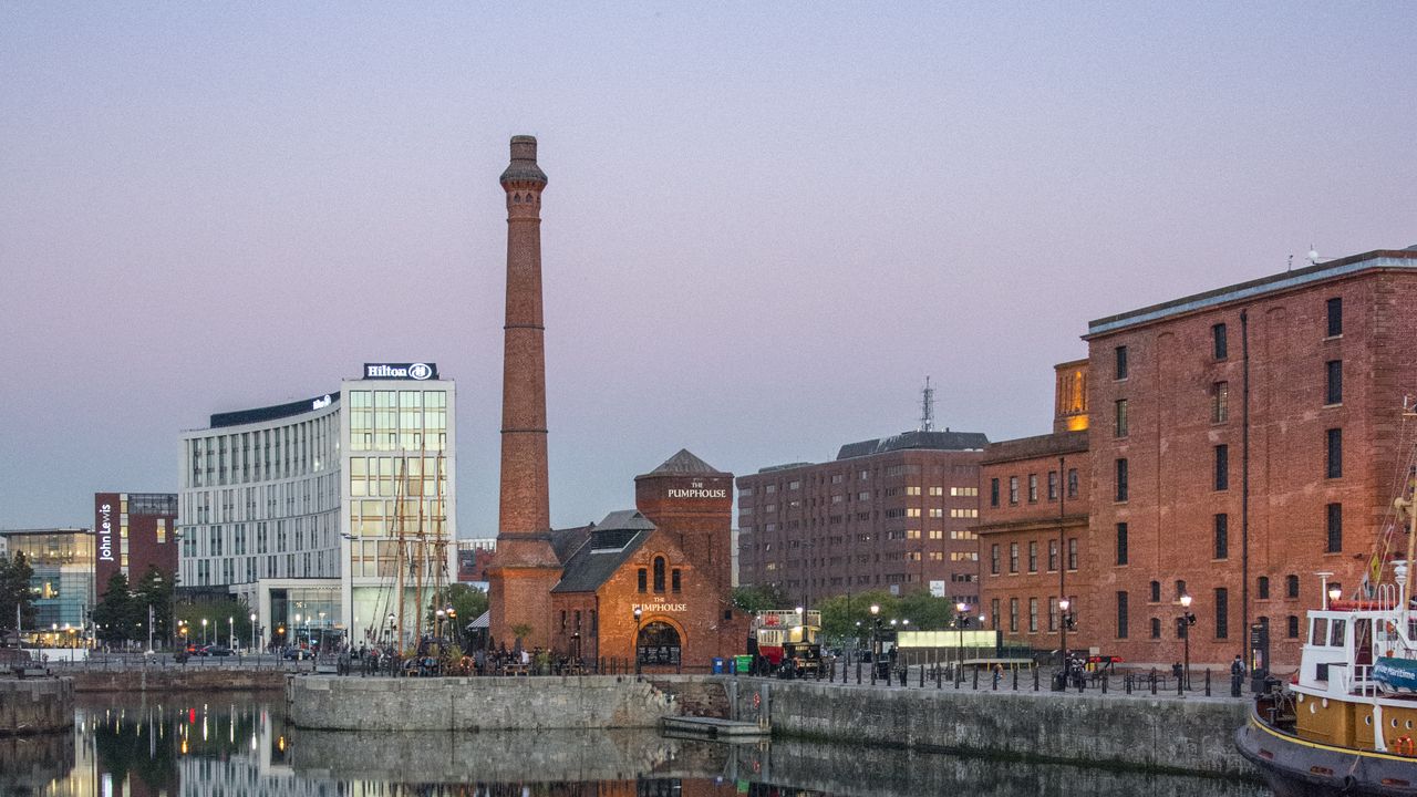 Wallpaper tower, pipe, buildings, pond, reflection