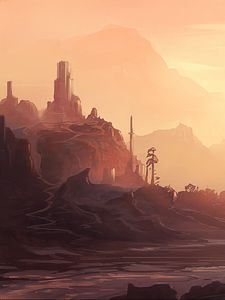 Preview wallpaper tower, rock, river, art