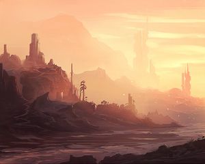 Preview wallpaper tower, rock, river, art