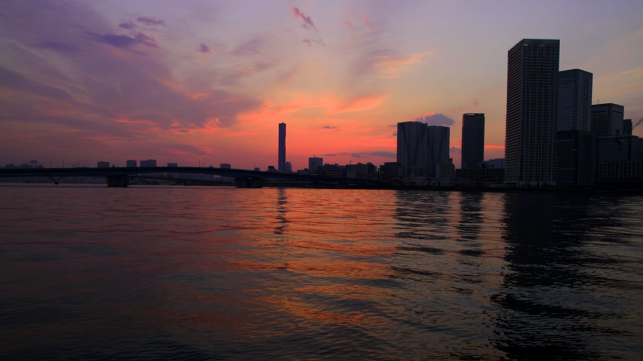 Wallpaper tower, sea, buildings, bridge, sunrise, tokyo, japan