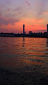 Preview wallpaper tower, sea, buildings, bridge, sunrise, tokyo, japan