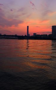 Preview wallpaper tower, sea, buildings, bridge, sunrise, tokyo, japan