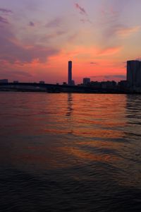 Preview wallpaper tower, sea, buildings, bridge, sunrise, tokyo, japan