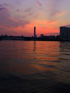 Preview wallpaper tower, sea, buildings, bridge, sunrise, tokyo, japan